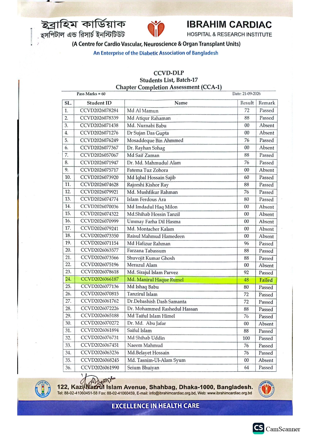CCA-1 Result, Batch-17, CCVD-DLP